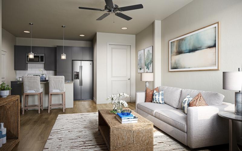 a living room with a couch and a table