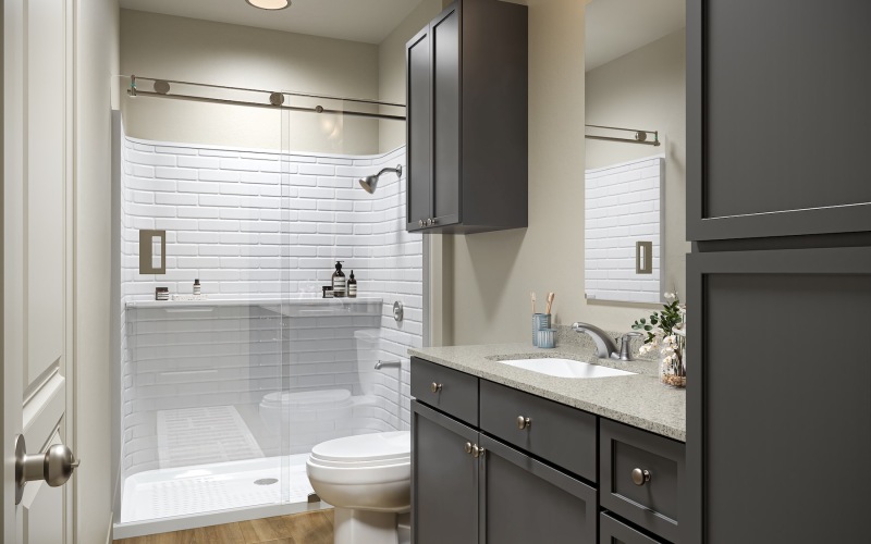 a bathroom with a tub and toilet