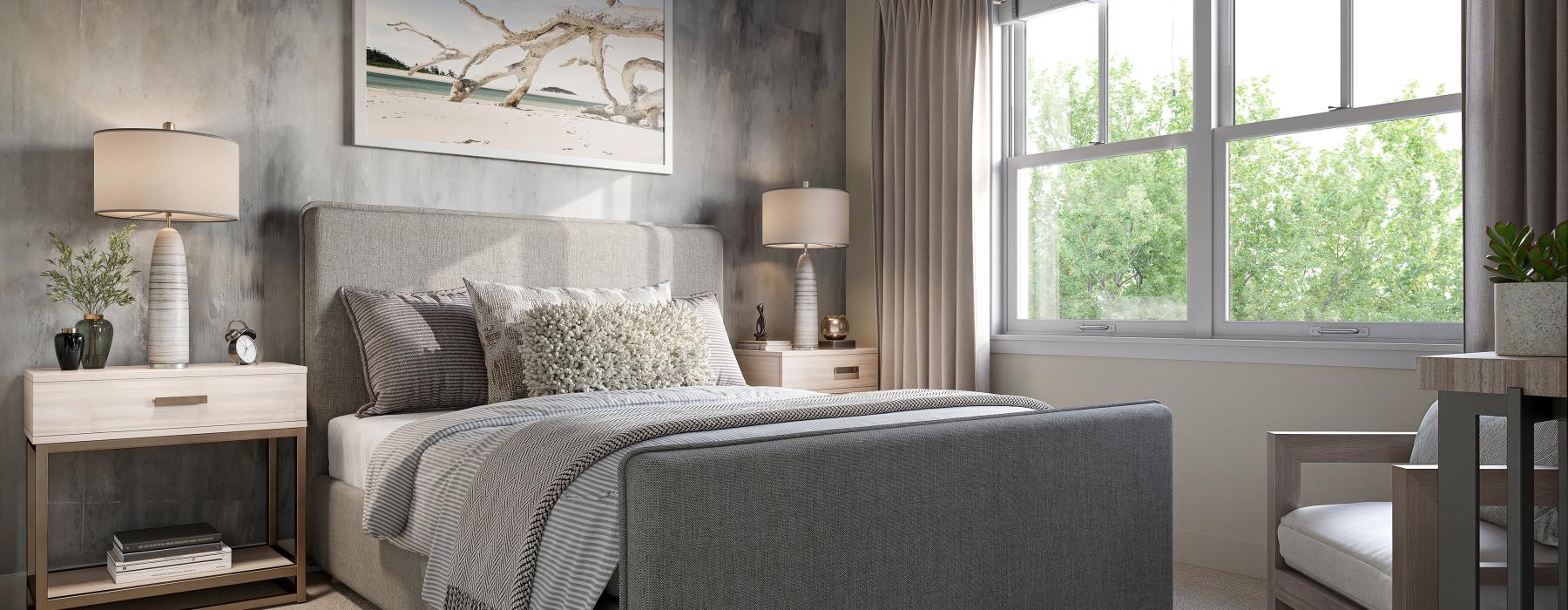 a bedroom with a bed and a fan
