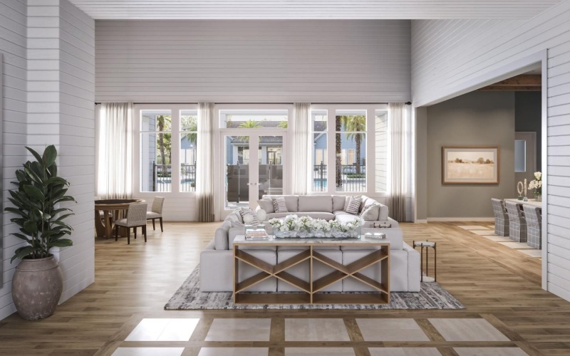 a room with a wood floors and a large window