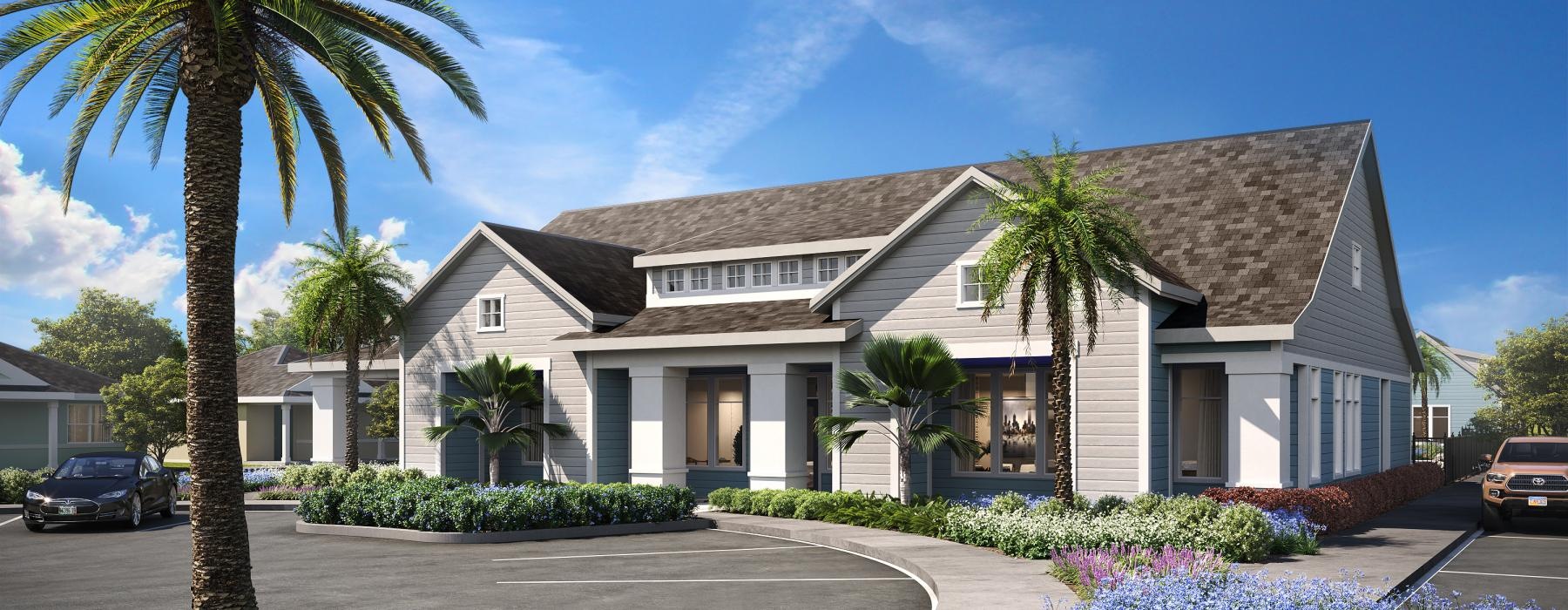 the clubhouse with palm trees and a parking lot
